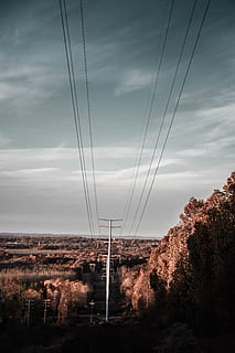 utility post, trees, cloudy, sky, cables, current, electric lines, electric posts, electricity, energy, high, high voltage, line, power cable, power lines, steel, utility poles, voltage, wires, cable, cloud - sky, tree, technology, power line, plant, nature, no people, electricity pylon, connection, power supply, beauty in nature, tranquility, fuel and power generation, scenics - nature, tranquil scene, environment, landscape, outdoors, telephone line, 5K, CC0, public domain, royalty free