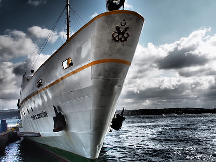 silver metal battleship, water, boat, clouds, dock, harbor, harbour, ocean, port, sea, ship, sky, nautical vessel, transportation, mode of transportation, cloud - sky, nature, no people, shipping, business, freight transportation, waterfront, sailboat, container ship, sailing, outdoors, day, cruise ship, luxury, 4K, CC0, public domain, royalty free