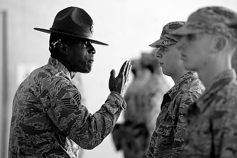 person, commanding, group, men, active, angry, army, authority, blur, boot camp, instruction, instructor, military, military uniform, outfit, people, serious, service, soldier, talk, uniform, wear, clothing, hat, side view, two people, young men, young adult, real people, togetherness, headshot, portrait, standing, looking, waist up, armed forces, young women, cap, government, profile view, 1080P, CC0, public domain, royalty free