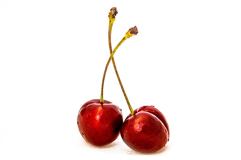 cherry, fruit, red, dessert, food, sweet, eat, taste, nutritious, plant, food and drink, healthy eating, cut out, freshness, white background, wellbeing, studio shot, close-up, plant stem, indoors, no people, copy space, ripe, group of objects, nature, 5K, CC0, public domain, royalty free