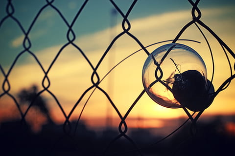 bulb, light, sunset, wire, fence, sky, chainlink fence, silhouette, sport, nature, focus on foreground, security, boundary, barrier, safety, no people, metal, orange color, protection, close-up, outdoors, net - sports equipment, 5K, CC0, public domain, royalty free