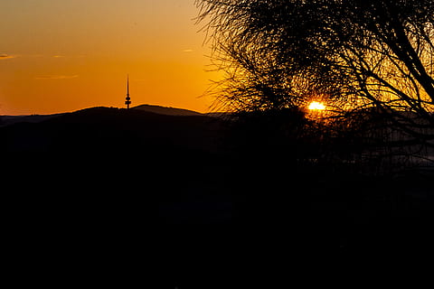 Austrálie, canberra, silueta, nebe, západ slunce, nikdo, strom, Příroda, scenics - příroda, rostlina, krása v přírodě, oranžová barva, klid, klidné scény, technologie, venku, kopie prostor, temný, architektura, stavba, životní prostředí, noc, 2K, CC0, veřejná doména, bez autorských práv