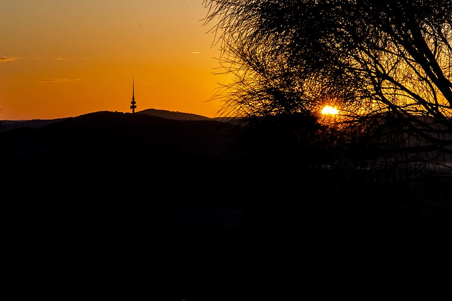 Austrálie, canberra, silueta, nebe, západ slunce, nikdo, strom, Příroda, scenics - příroda, rostlina, krása v přírodě, oranžová barva, klid, klidné scény, technologie, venku, kopie prostor, temný, architektura, stavba, životní prostředí, noc, 2K