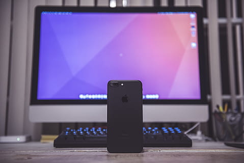 iphone, iphone 7 plus, apple, technology, ios, arts culture and entertainment, wireless technology, communication, screen, connection, indoors, portable information device, no people, smart phone, table, music, illuminated, computer, purple, blue, close-up, performance, computer equipment, computer monitor, stage, video, 5K, CC0, public domain, royalty free