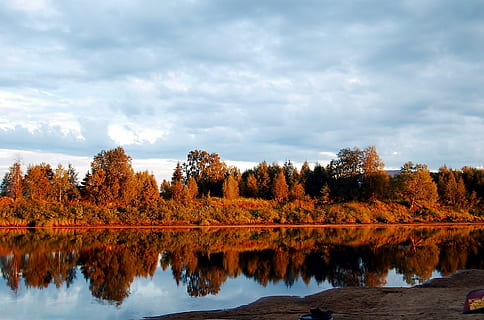 photo, trees, lake, daytime, clouds, forest, nature, reflection, scenic, sky, water, tree, plant, cloud - sky, beauty in nature, scenics - nature, tranquility, autumn, tranquil scene, change, non-urban scene, growth, idyllic, no people, day, outdoors, autumn collection, natural condition, reflection lake, 2K, CC0, public domain, royalty free