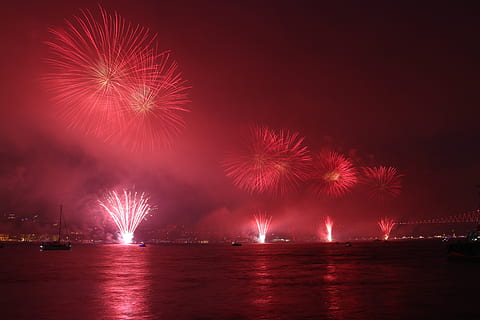 turkey, bosphorus bridge, night, firework, firework display, celebration, event, illuminated, exploding, motion, arts culture and entertainment, water, reflection, sky, no people, firework - man made object, nature, long exposure, new year's eve, outdoors, red, light, 5K, CC0, public domain, royalty free