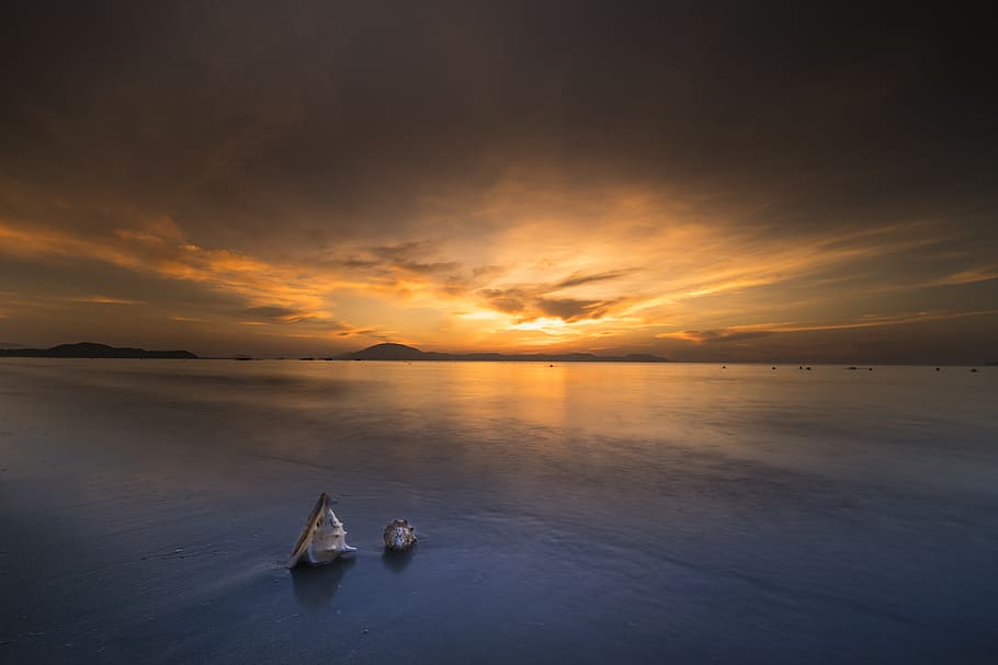 dos, petxines de recanvi, platja, posta de sol, núvols, cloudscape, vespre, tarda, hora daurada, horitzó, paisatge, naturalesa, fotografia de natura, oceà, a l'aire lliure, reflexions, sorra, escènic, mar, petxines marines, paisatge marí, vora del mar, Riba, cel, aigua, onades, núvol - cel, vaixell nàutic, bellesa a la natura, transport, escenics - natura, tranquil·litat, escena tranquil·la, manera de transport, horitzó sobre l’aigua, color taronja, idíl·lic, silueta, reflexió, 5K