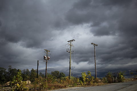 storm, sky, clouds, gray, powerlines, landscape, green, dark, cloud - sky, tree, plant, technology, nature, storm cloud, overcast, electricity pylon, no people, day, connection, electricity, low angle view, beauty in nature, outdoors, environment, land, power supply, ominous, 5K, CC0, public domain, royalty free