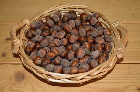 lazdyno riešutai, riešutai, lazdelės, riešutmedžio, dubenys, krepšelis, vaisiai, natūralus, alimentari, dubuo, Maistas ir gėrimai, konteineris, maisto, šviežumas, pinti, patalpose, gerovę, didelė objektų grupė, nėra žmonių, sveika mityba, natiurmortas, gausa, aukšto kampo vaizdas, lentelė, ruda, Iš arti, veržlė, tiesiogiai virš, 2K, CC0, Viešasis domenas, nemokamai