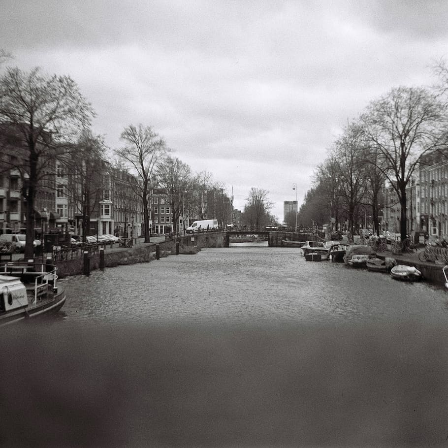 amsterdam, a l'aire lliure, aigua, transport, vaixell, vehicle, canal, Escaneig de pel·lícula de 120 mm, 120 mm, escaneig de pel·lícules, Camí, carretera, naturalesa, urbà, cotxe, automòbil, aparcament, camí de remolc, motos aquàtiques, manera de transport, arbre, ciutat, carrer, exterior de l'edifici, cel, estructura construïda, arquitectura, vehicle terrestre, núvol - cel, planta, arbre nu, edifici, cap gent, vida de ciutat, 2K
