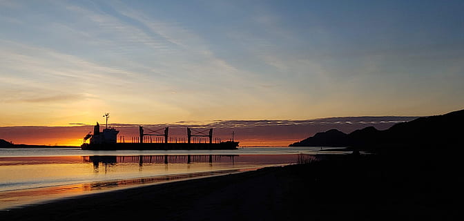 sunset, ship, orange, freighter, columbia, water, sky, sea, cloud - sky, reflection, nature, architecture, no people, transportation, silhouette, beauty in nature, built structure, beach, industry, outdoors, nautical vessel, pier, 4K, CC0, public domain, royalty free