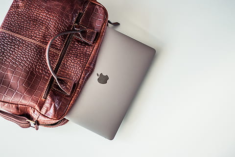 macbook pro, leather, bag, no people, fashion, indoors, studio shot, still life, personal accessory, purse, clothing, brown, copy space, close-up, white background, arts culture and entertainment, high angle view, wallet, textile, elegance, beauty, menswear, luxury, 5K, CC0, public domain, royalty free