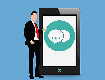 sms, social, mobile, tablet device, standing, businessman illustration, illustration., message, talk, chat, texting, conversation, speech bubble, comic, icon, symbol, communication, speech, dialog, communicate, communicating, dialogue, bubble, saying, chatting, question, button, chair, man, sitting, tablet, working, caucasian, computer, expression, fun, males, men, adult, technology, businessman, business person, one person, colored background, business, blue, circle, sign, suit, blue background, corporate business, contemplation, 1080P, CC0, public domain, royalty free