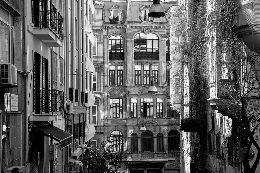 turkey, beyoğlu, architecture, built structure, building exterior, building, window, residential district, city, day, no people, outdoors, balcony, old, low angle view, arch, the past, architectural column, history, wall, apartment, glass - material, 4K