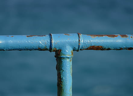 rust, railing, blue, color, metal, close-up, day, no people, focus on foreground, water, pipe - tube, nature, rusty, protection, outdoors, weathered, safety, security, connection, wet, pipe, deterioration, silver colored, 4K, CC0, public domain, royalty free