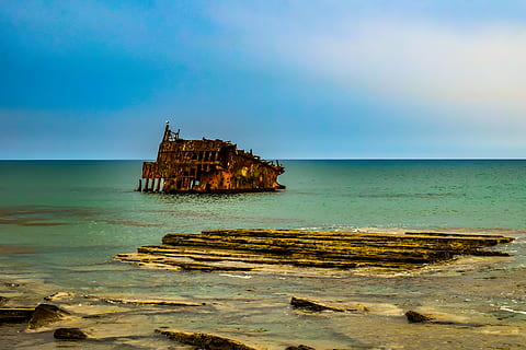 shipwreck, sea, coast, rocky, wreck, wreckage, rusty, damaged, abandoned, corrosion, aged, weathered, grunge, decay, akrotiri, cyprus, water, sky, horizon over water, horizon, beach, land, scenics - nature, beauty in nature, architecture, nature, built structure, tranquility, tranquil scene, day, no people, non-urban scene, rock, outdoors, ruined, 5K, CC0, public domain, royalty free