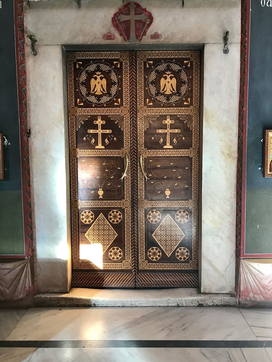Grækenland, mount athos, dør, indgang, lukket, arkitektur, bygning, ingen mennesker, indendørs, bygget struktur, metal, beskyttelse, døråbning, sikkerhed, design, hus, mønster, dag, Kunst og håndværk, kreativitet, gulve, udsmykkede, blomstermønster, 4K