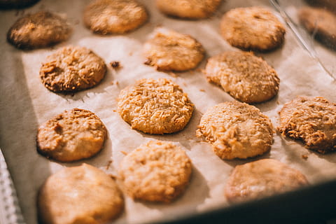 cookies, baked, baking, close-up, delicious, food, homemade, tasty, food and drink, freshness, cookie, sweet food, indoors, still life, no people, temptation, selective focus, sweet, dessert, preparation, indulgence, chocolate chip cookie, baking sheet, high angle view, snack, baked pastry item, tray, 5K, CC0, public domain, royalty free
