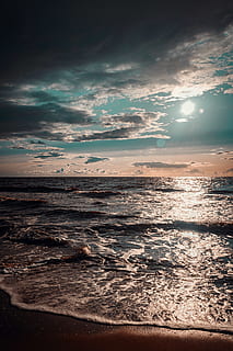 seashore, beach, clouds, dark, dawn, evening, landscape, nature, ocean, sand, sea, seascape, sky, summer, sun, sunset, surf, water, waves, cloud - sky, beauty in nature, scenics - nature, land, horizon over water, tranquility, horizon, tranquil scene, no people, wave, idyllic, outdoors, 5K, CC0, public domain, royalty free