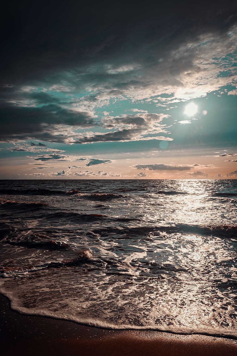seashore, beach, clouds, dark, dawn, evening, landscape, nature, ocean, sand, sea, seascape, sky, summer, sun, sunset, surf, water, waves, cloud - sky, beauty in nature, scenics - nature, land, horizon over water, tranquility, horizon, tranquil scene, no people, wave, idyllic, outdoors, 5K