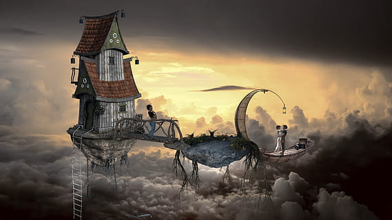 fantezie, cer, nori, compuneți, uman, casă, dirijabil, atmosfera, de basm, ușoară, romantic, frumos, nor - cer, arhitectură, apus de soare, construită, natură, religie, spiritualitate, exteriorul clădirii, nici o persoana, clădire, sculptură, lăcaș de cult, turn, credință, în aer liber, artă și sculptură, reprezentare umană, 4K, CC0, domeniu public, fără drepturi de autor