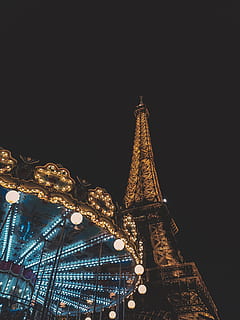 torre eiffel, Parigi, Parco divertimenti, Parco a tema, ruota panoramica, architettura, costruzione, Torre, campanile, guglia, illuminazione, urbano, strada, Parigi, Torre Eiffel, viaggio, giostra, all'aperto, cittadina, città, ha parlato, macchina, struttura costruita, notte, Inquadratura dal basso, illuminato, destinazioni di viaggio, turismo, alto - alto, cielo, esterno dell'edificio, nessuno, copia spazio, natura, cielo sereno, cultura artistica e intrattenimento, grattacielo, 4K, CC0, dominio pubblico, privo di copyright