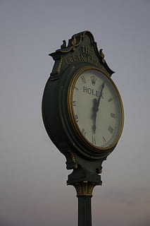 l'horloge, crépuscule, temps, Rolex, parcours de golf de l'océan, île de la kiawah, faible angle de vue, personne, ciel, vieux, romain, métal, fermer, précision, nombre, la communication, antique, lien, rue, la nature, cercle, La technologie, instrument de temps, cadran d'horloge, grande aiguille, 5K, CC0, domaine public, libre de droits