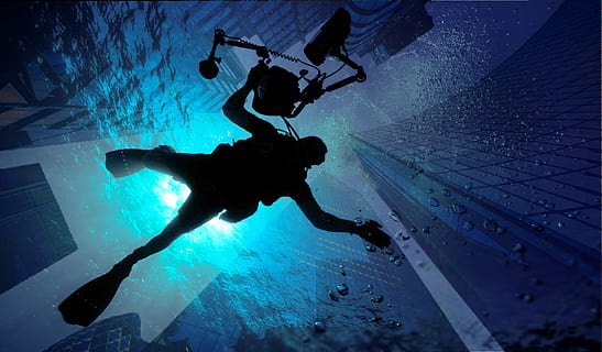 fantasy, building, ocean, diving, place, sport, water, light, sky, walpaper, underwater, aquatic sport, scuba diving, diving equipment, sea, adventure, swimming, nature, real people, exploration, undersea, underwater diving, leisure activity, people, diving flipper, two people, swimming pool, 2K, CC0, public domain, royalty free