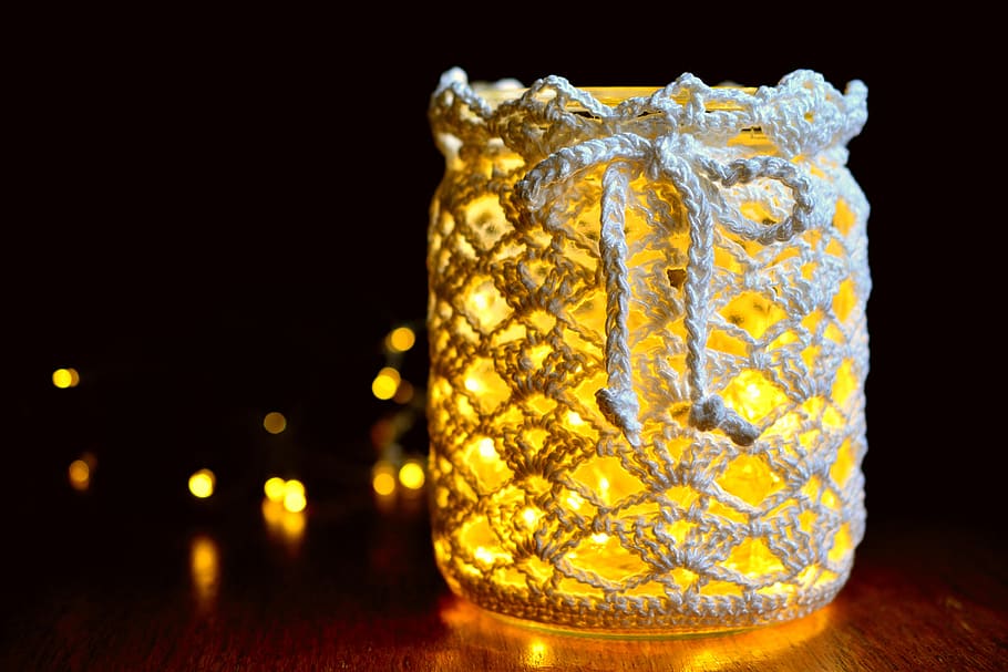 light, lichterkette, shining, lighting, christmas time, advent, christmas decorations, christmas, crochet, hand labor, decoration, mood, atmosphere, studio shot, indoors, black background, no people, gold colored, shiny, wealth, yellow, close-up, single object, gold, crystal, copy space, jewelry, luxury, large group of objects, nature, abundance, focus on foreground, illuminated, 5K