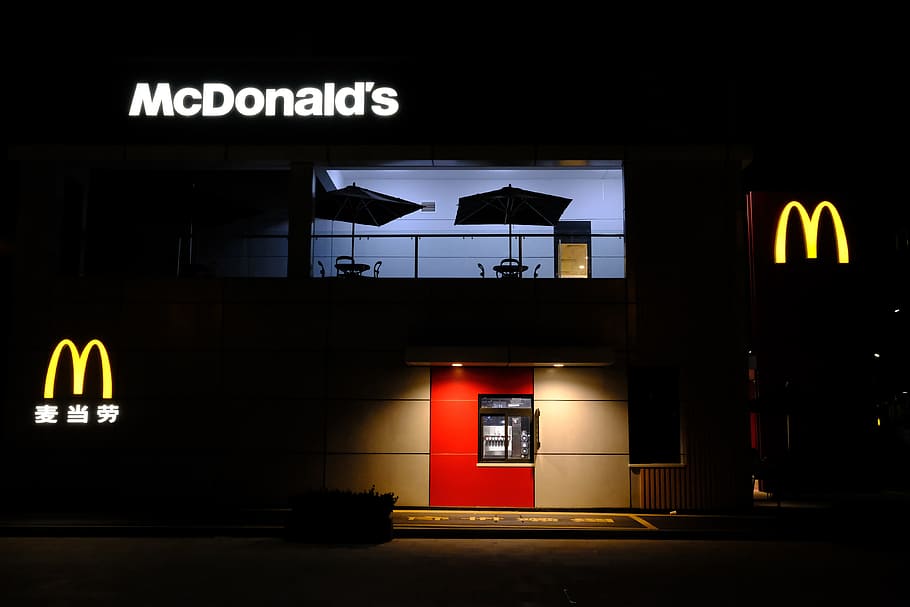 mcdonalds fast food, various, burger, text, architecture, illuminated, communication, western script, sign, built structure, night, building exterior, no people, capital letter, city, entrance, transportation, guidance, street, arrow symbol, neon, door, information, dark, garage, parking garage, 4K