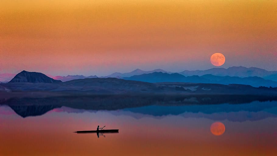 afspejling, spejl, himmel, berolige, båd, bjerge, måne, solnedgang, sø, vand, bjerg, scenics - natur, skønhed i naturen, ro, bjergkæde, ingen mennesker, natur, rolig scene, flyvende, sky - himmel, transportmidler, dramatisk himmel, luftfartøj, transportform, romantisk himmel, 5K
