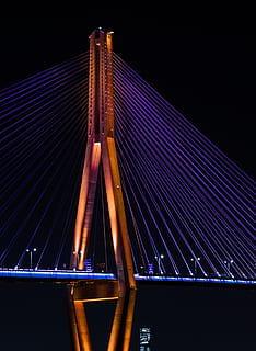 lighted, cable-stayed bridge, night, bridge, building, south korea, busan, suspension bridge, busan harbour bridge, busan harbor bridge, harbor, 부산, night view, 북항대교, 한국, 야경, 부산항대교, korea, metropolis, town, city, urban, road, bridge - man made structure, connection, architecture, built structure, no people, transportation, illuminated, nature, sky, low angle view, water, long exposure, travel destinations, blue, 2K, CC0, public domain, royalty free