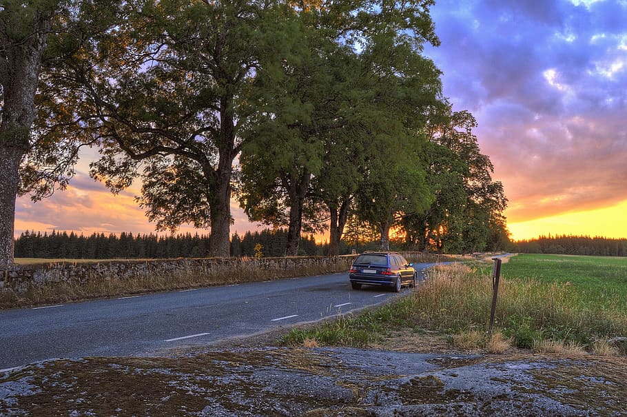 hatchback, vej, solnedgang, bil, daggry, solopgang, sverige, træer, køretøj, transportmidler, transportform, træ, plante, land køretøj, motor køretøj, himmel, natur, ingen mennesker, skønhed i naturen, sky - himmel, rejse, Mark, vækst, scenics - natur, jord, ikke-urbane scene, 2K