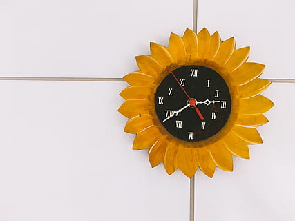 reloj de pared de flores, hora, reloj de pared, reloj, nadie, pared - característica de la construcción, adentro, colgando, solo objeto, exactitud, número, foto de estudio, minutero, amarillo, copia espacio, de cerca, reloj de mano, arquitectura, objeto hecho por el hombre, hecho por el hombre, la cara del reloj, 4K, CC0, dominio público, libre de derechos