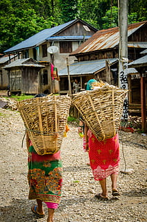 Due, persone, portando, cesti, umano, persona, natura, cestino, all'aperto, campagna, Nepal, viaggio, capi di abbigliamento, pantaloncini, abbigliamento, rurale, calzature, scarpa, costruzione, riparo, capanna, pianta, manica, urbano, contenitore, giorno, persone reali, di vimini, adulto, abbigliamento tradizionale, donne, retrovisore, architettura, struttura costruita, stili di vita, uomini, portando sulla testa, 4K, CC0, dominio pubblico, privo di copyright
