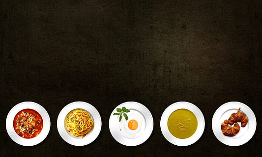 five, white, plates, different, kinds, dishes, dinner, dish, egg, flatlay, food, food plating, lunch, meal, noodles, pasta, tasty, royalty  images, food and drink, directly above, freshness, healthy eating, wellbeing, ready-to-eat, plate, bowl, still life, indoors, black background, no people, egg yolk, studio shot, ingredient, table, copy space, fried, crockery, 4K, CC0, public domain, royalty free