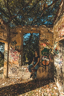 trees, foresty, forest, underground, tag, real people, lifestyles, leisure activity, one person, young adult, women, young women, full length, casual clothing, day, architecture, built structure, plant, tree, standing, graffiti, adult, nature, fashion, outdoors, beautiful woman, 5K, CC0, public domain, royalty free