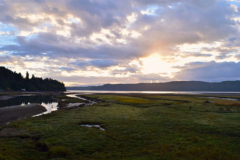 landscape, sunrise, panoramic, nature, outdoors, scenic, water, shore, summer, scenery, natural, scene, estuary, marshland, coastal, morning, dawn, clouds, sky, cloud - sky, beauty in nature, scenics - nature, tranquil scene, tranquility, grass, environment, plant, no people, land, non-urban scene, field, idyllic, mountain, green color, 4K, CC0, public domain, royalty free