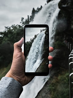 czarny smartfon z Androidem, trzymać, ludzka ręka, dłoń, jedna osoba, czynność, inteligentny telefon, prawdziwi ludzie, część ludzkiego ciała, technologia, spędzania wolnego czasu, tematy fotograficzne, Natura, porozumiewanie się, skupić się na pierwszym planie, technologia bezprzewodowa, fotografowanie, drzewo, przenośne urządzenie informacyjne, styl życia, osoba nie do poznania, na dworze, palec, 4K, CC0, domena publiczna, darmowe zdjęcia