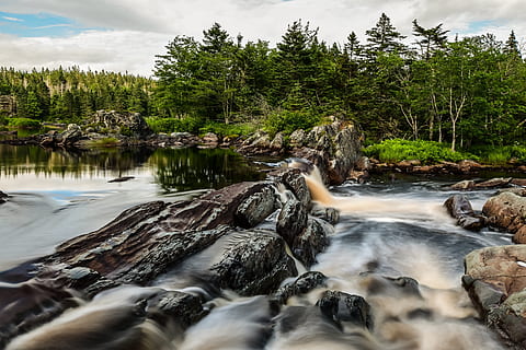 fiume, foresta, acqua, autunno, verde, natura, riflessione, lunga esposizione, paesaggio, calma, estate, vacanza, nuova Scozia, Liscomb, Canada, albero, pianta, bellezza nella natura, scenics - natura, roccia, movimento, acqua corrente, solido, movimento sfocato, roccia - oggetto, scena non urbana, giorno, nessuno, la tranquillità, fluente, all'aperto, flusso - acqua che scorre, potere in natura, Driftwood, 5K, CC0, dominio pubblico, privo di copyright