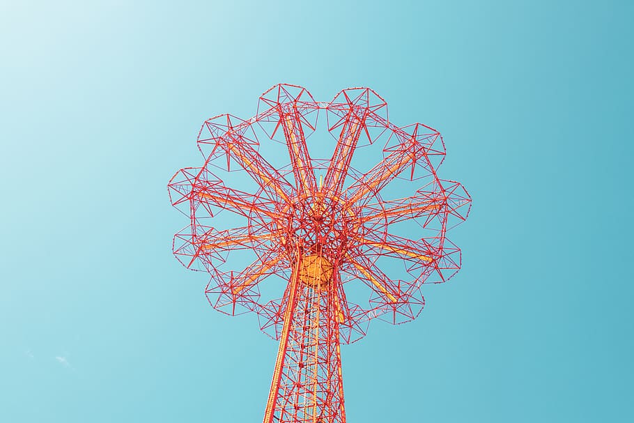 portocaliu înalte structură, cer, vedere unghiulară joasă, parc de distractii, natură, cer senin, parc de distracții, albastru, înalt - înalt, turn, nici o persoana, arta culturii și divertismentului, comunicare, în aer liber, zi, ferris roată, tehnologie, distracţie, construită, arhitectură, comunicații globale, entuziasm, 5K