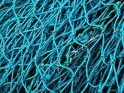 textures i patrons, patró, textura, net, xarxa de pesca, aparells de pesca, pescar, marc complet, fons, blau, cap gent, xarxa comercial de pesca, corda, indústria pesquera, primer pla, vista d’angle alt, natura morta, enredat, dia, connexió, força, gran grup d'objectes, color verd, complexitat, color turquesa, Chaos, 2K, CC0, domini públic, lliure de regalies