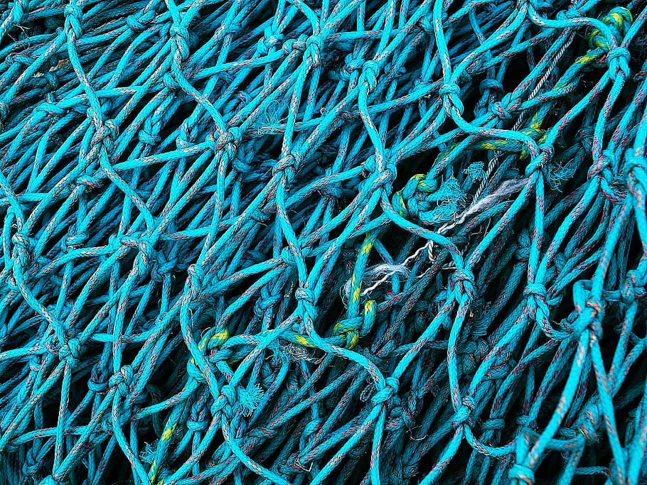 textures i patrons, patró, textura, net, xarxa de pesca, aparells de pesca, pescar, marc complet, fons, blau, cap gent, xarxa comercial de pesca, corda, indústria pesquera, primer pla, vista d’angle alt, natura morta, enredat, dia, connexió, força, gran grup d'objectes, color verd, complexitat, color turquesa, Chaos, 2K