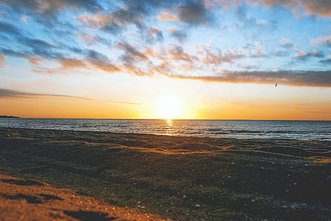 beach, sand, sunset, sun, sandbeach, sky, sea, water, scenics - nature, beauty in nature, horizon, tranquility, horizon over water, tranquil scene, cloud - sky, land, no people, nature, idyllic, non-urban scene, orange color, outdoors, 4K, CC0, public domain, royalty free