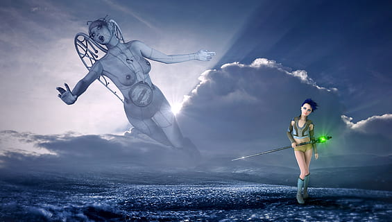 fantasy, sky, clouds, light, landscape, mystical, fairy tales, atmospheric, dreams, atmosphere, romantic, mood, fairytale, fantastic, lichtblick mood, nature, sunlight, girl, conjure, beautiful, fairy tale, mythical creatures, magic, figure, creature, mysterious, woman, artwork, photomontage, compositing, composing, rays, surreal, glow, distant, full length, adult, cloud - sky, young adult, women, one person, blue, adventure, emotion, outdoors, digital composite, standing, day, determination, freedom, 4K