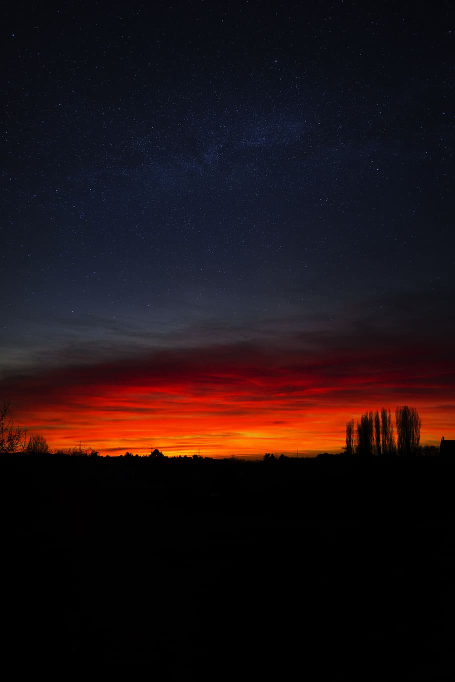 Tyskland, Mainz, træer, skyer, romantisk, solnedgang, episk, daggry, stjerner, landskab, himmel, scenics - natur, skønhed i naturen, silhuet, nat, rolig scene, ro, stjerne - rum, orange farve, miljø, natur, ingen mennesker, astronomi, plads, sky - himmel, mørk, træ, idyllisk, udendørs, 5K