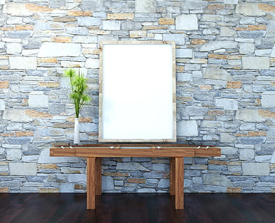interno, manifesto, modello, parete, presentazione, scrivania, telaio, tela, galleria, arredamento, decorazione, finto, azione, ritratto, mobilia, realistico, tavolo, muro di mattoni, posto a sedere, caratteristica della parete, mattone, legno - materiale, architettura, nessuno, in casa, vuoto, struttura costruita, copia spazio, giorno, assenza, sedia, panchina, cavalletto, muro di pietra, 4K, CC0, dominio pubblico, privo di copyright