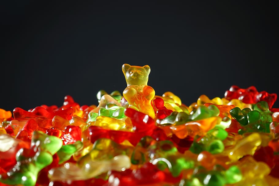óssos de goma multicolors, suportar, óssos, caramels, colorit, colors, deliciós, menjar, genives de fruita, gelea de fruita, gelatina, ós d'or, óssos d'or, verd, óssos gummi, haribo, taronja, vermell, dolçor, groc, tir de l'estudi, a l'interior, fons negre, menjar i beguda, primer pla, cap gent, enfocament selectiu, creativitat, multicolor, frescor, representació animal, vegetals, art i artesania, natura morta, benestar, representació, alimentació saludable, espècia, 5K