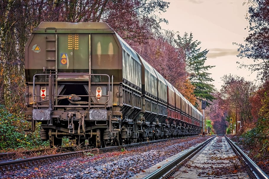vagó, tren, pista, revestiment, ferrocarril, transport, tren de càrrega, béns, transport especial, vies del ferrocarril, transport per ferrocarril, manera de transport, tren - vehicle, arbre, transport públic, planta, vehicle terrestre, naturalesa, dia, cap gent, locomotora, a l'aire lliure, metall, viatjar, cel, tren de vapor, pati de maniobra, estació, 5K
