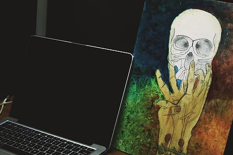 bones, hands, jesus, ios, mac, blue, red, green, yellow, colors, inspiration, paint, wireless technology, representation, laptop, human representation, technology, communication, computer, no people, indoors, male likeness, art and craft, creativity, close-up, connection, table, disguise, day, body part, nature, 5K, CC0, public domain, royalty free